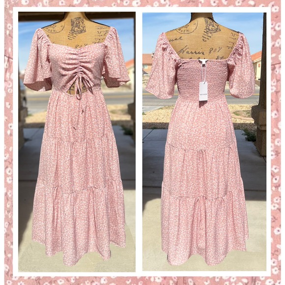 PinkBlush Dusty Rose Ditsy Floral Tiered Ruffle Midi Dress Size: M NWT - Picture 6 of 11